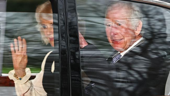 King Charles III and Queen Camilla depart Clarence House in London, as Prince Harry returns following the King’s early-stage cancer diagnosis. Picture: Henry Nicholls/AFP