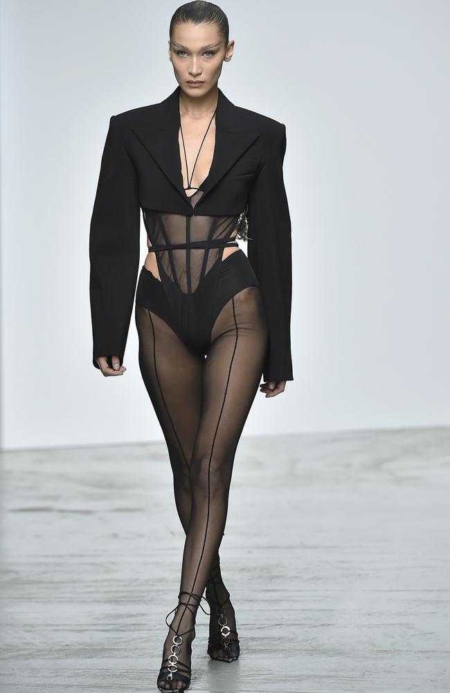 Bella Hadid on the runway for Mugler, a brand known for its hosiery. Picture: Getty Images