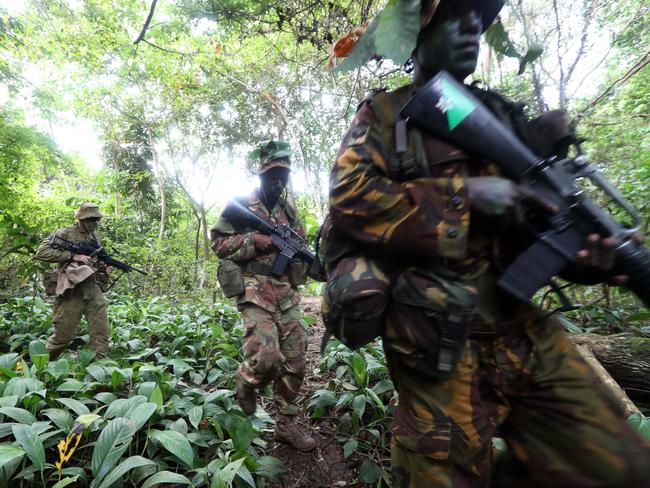 Aussie diggers with PNG soldiers during an exercise in jungle warfare. Picture Gary Ramage