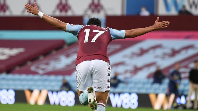 Aston Villa’s Trezeguet celebrates after scoring against Arsenal. Picture: Getty