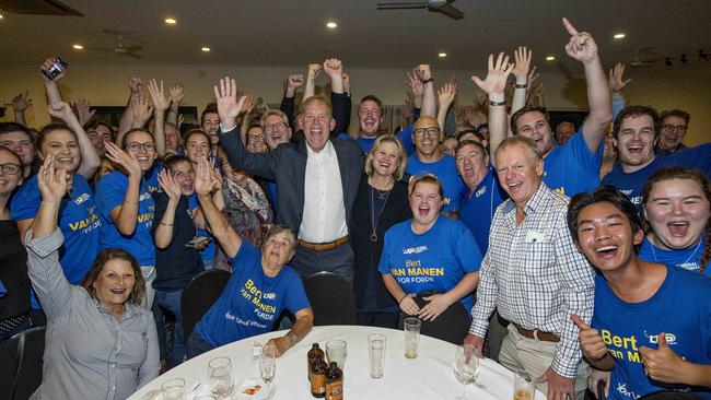 LNP candidate Bert van Manen celebrates retaining the seat of Forde at the Riverlakes Tavern in Cornubia. Picture: Jerad Williams