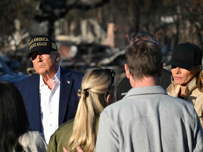 US President Donald Trump and First Lady Melania Trump meet residents as they tour a fire-affected area in the Pacific Palisades neighbourhood of Los Angeles, California. Picture: AFP