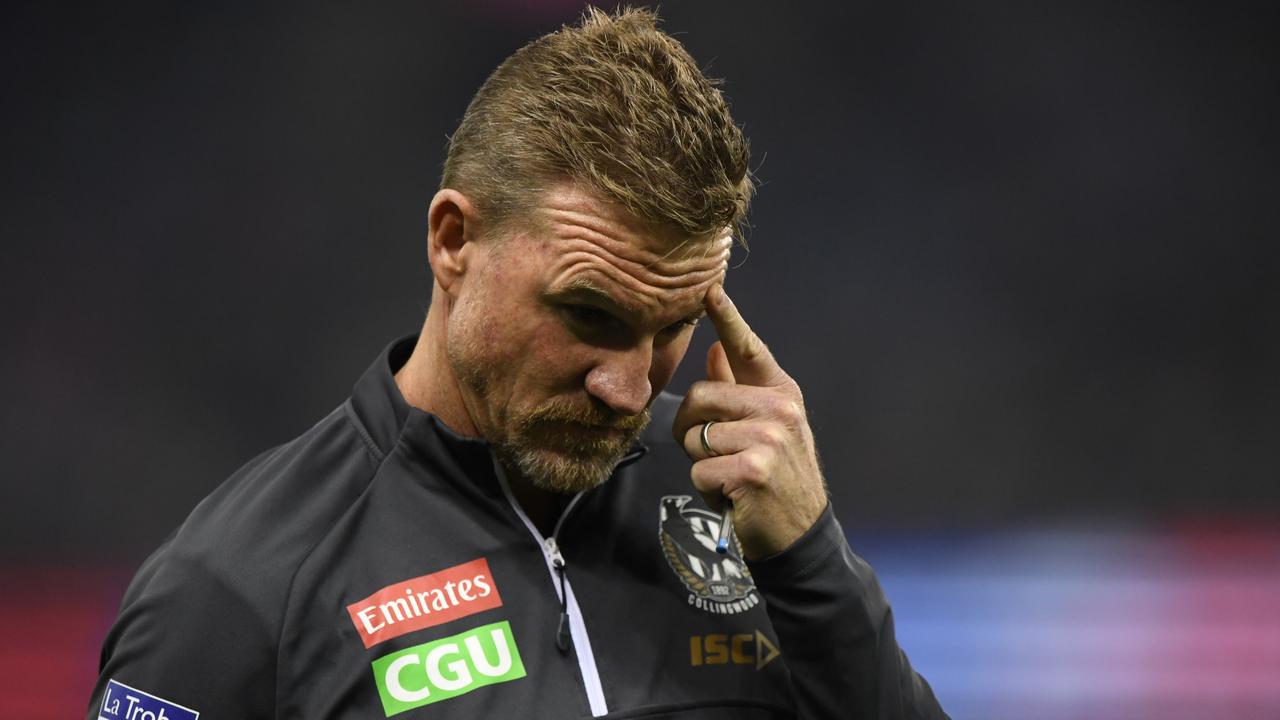 Collingwood coach Nathan Buckley looks on at Marvel Stadium.