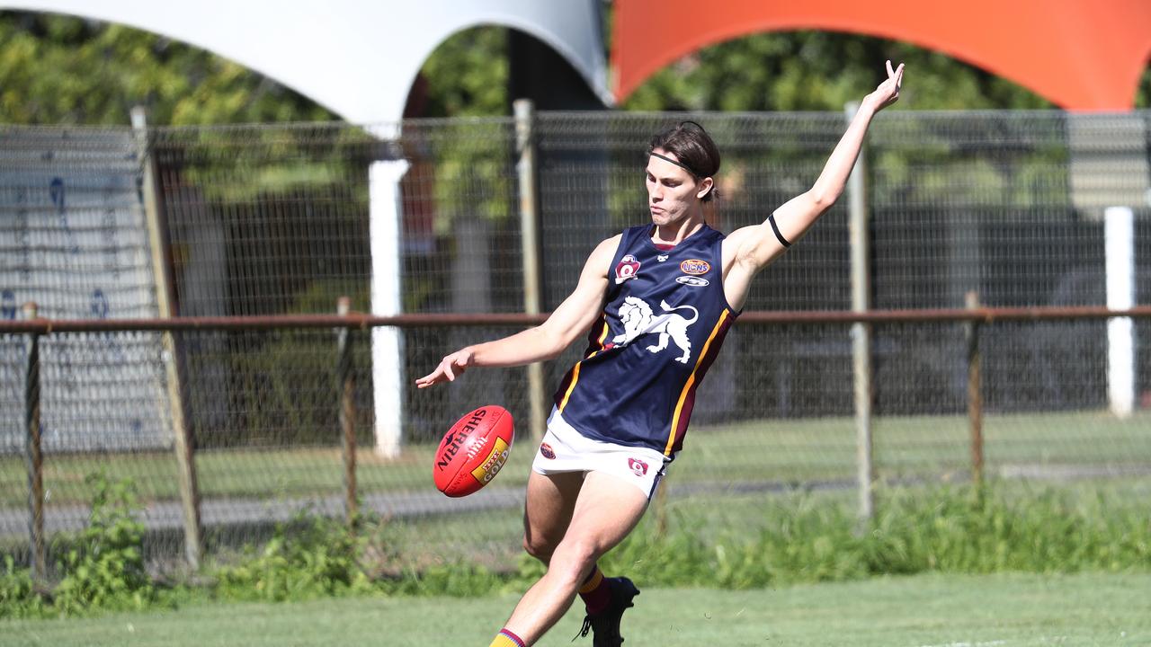 Lion's Branden Deslandes kicks the ball down the field to his team in the AFL Cairns premiership men's match between the Cairns Saints and the Cairns City Lions, held at Griffiths Park. Picture: Brendan Radke