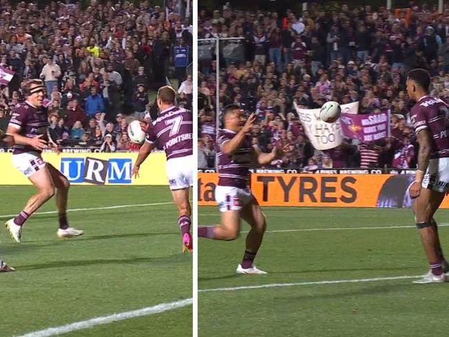 Twice the Sea Eagles dished off tries. Photo: Fox Sports