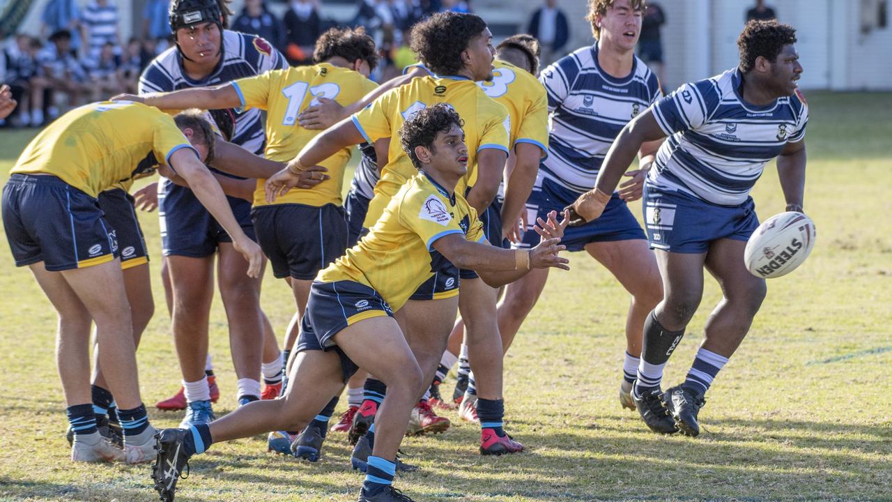Ranil Shankar gets the ball away for Mabel Park. St Mary's College vs Mabel Park SHS. Langer Cup rugby league. Wednesday, June 16, 2021. Picture: Nev Madsen.