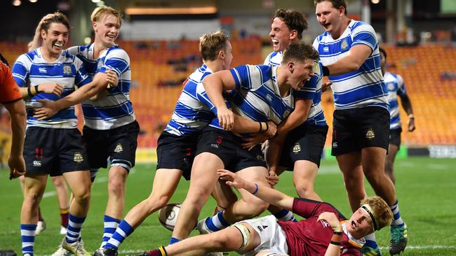 Harry Vella (centre) celebrates his try. Picture: AAP Image/Darren England