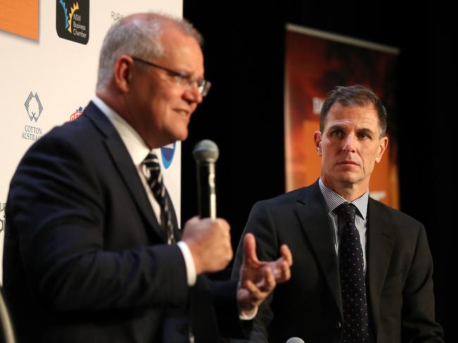 Prime Minister Scott Morrison (left) and The Daily Telegraph editor Ben English at the first Daily Telegraph Bush Summit, last year. Picture: Jonathan Ng