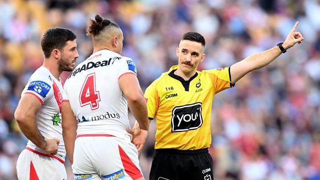 Tyrell Fuimaono of the Dragons is sent off (Photo by Bradley Kanaris/Getty Images)