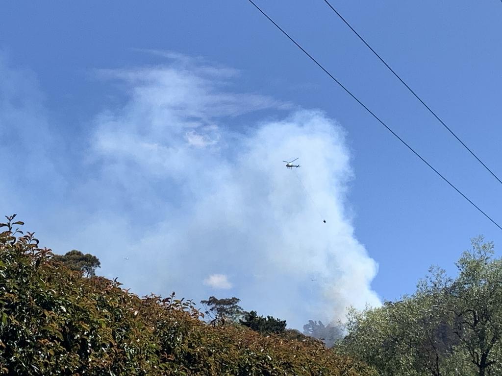 A water bombing helicopter fights a bushfire at Glenlusk near Collinsvale. Picture: CAMERON WHITELEY