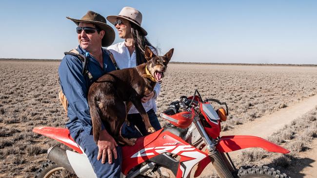 Wooleen Station owners David and Frances Pollock, with Pippa, on their property in the South Murchison area of Western Australia. Picture: Tony McDonough