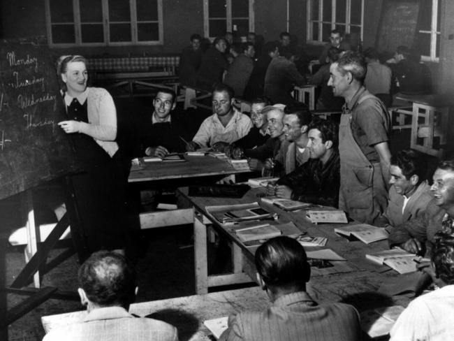 English lessons for migrant workers on the Snowy Mountains Scheme in Cooma circa 1956.