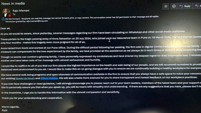 The head of EY India has been lashed over an email he sent to staff in the wake of Anna’s death. He encouraged employees to “reach out to your team leaders”. Picture: Supplied