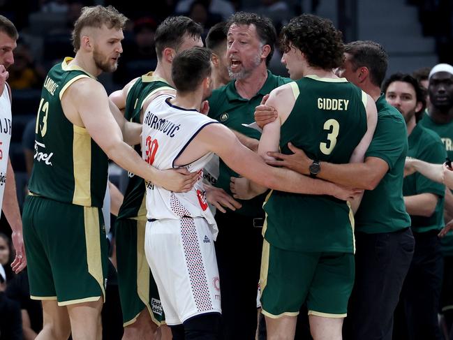 Players and coaches from both teams came together late in the game. Picture: Getty Images