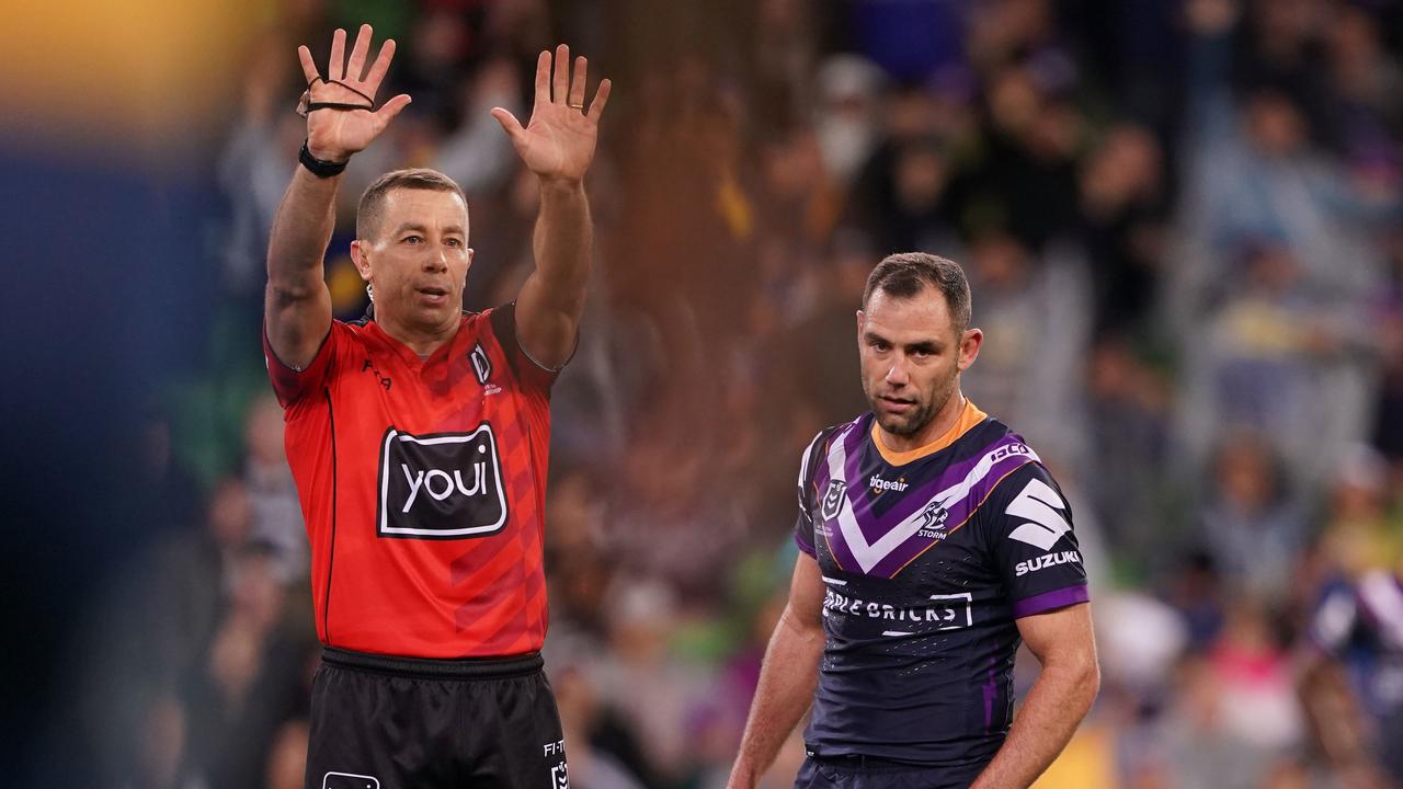 Ben Cummins sin bins Cameron Smith during a 2019 finals series against Parramatta. Picture: AAP Image/Scott Barbour