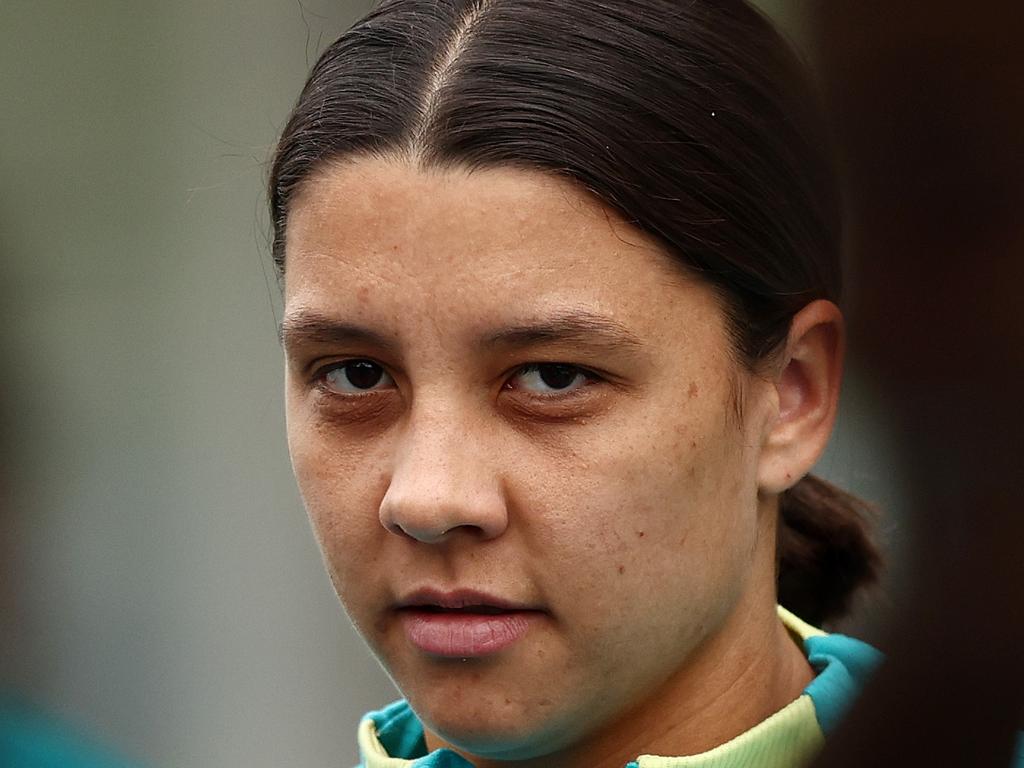 BRISBANE, AUSTRALIA - JULY 17: Sam Kerr during an Australia Matildas training session ahead of the FIFA Women's World Cup Australia & New Zealand 2023 Group B match between Australia and Ireland at Queensland Sport and Athletics Centre on July 17, 2023 in Brisbane, Australia. (Photo by Chris Hyde/Getty Images)