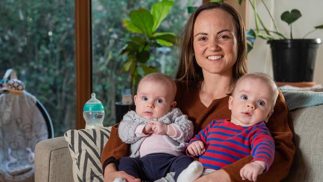 AFLW player Daisy Pearce with her four-month-old twins Sylvie and Roy. Picture: Jason Edwards