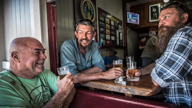 Many pub patrons have enjoyed a beer at the front bar of Joe’s Waterhole in Eumundi like Kev Curran, of Eumundi with Rob Christie and Bert Brady, both of Cooroy, pictured in 2015. Picture: Patrick Woods