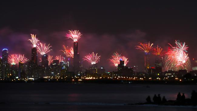 NYE Fireworks over Melbourne CBD from Green Point in Brighton. Picture: David Crosling