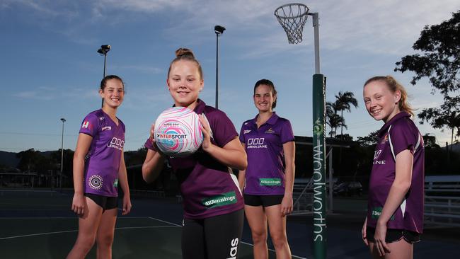 The 2020 Super Netball competition will be played entirely in Queensland, with interstate teams relocating for the duration of the season. Cairns junior netballers Bella Grace, 12, Shelby Smith, 12, Emily Grace, 14, and Sami-Lee Smith, 13, are huge Queensland Firebirds fans, and are eager to watch their idols play games in Cairns. PICTURE: BRENDAN RADKE