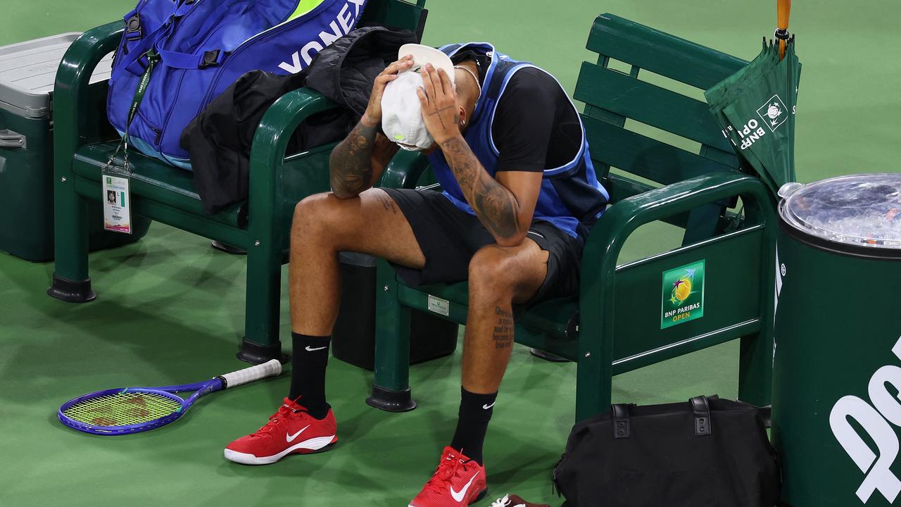 Nick Kyrgios was visibly distraught after retiring on Friday. (Getty Images via AFP)