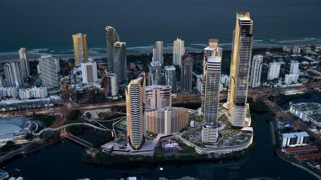 The Star Gold Coast Masterplan Development (viewed from the West) in Broadbeach. Star has bold plans for five new towers on the site which is already home to the original Star complex and Darling suite hotel. Tower 1 starts construction in August with four proposed to come after that over the next decade.