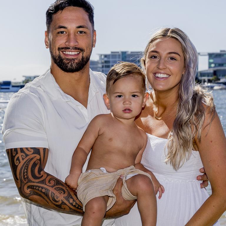 <p>Faces of the Gold Coast at Paradise Point. Gold Coast Titans player, Patrick Herbert with his partner Kirri Carpenter and True Herbert, 1. Picture: Jerad Williams</p>