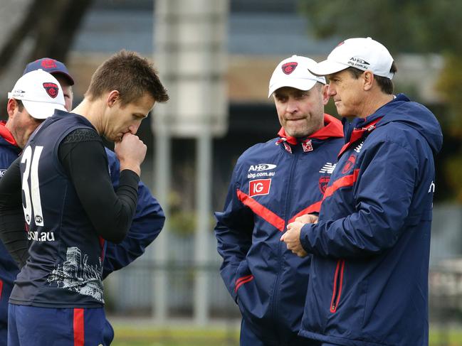 Sport :Melbourne training at Goschs Paddock.Jeff Garlett and Jack Grimes. Picture Andrew Tauber