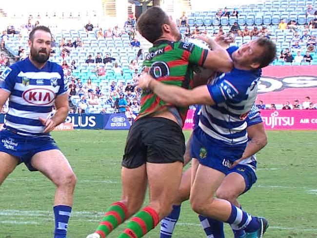 Sam Burgess was put on report for lifting his elbow in this tackle.