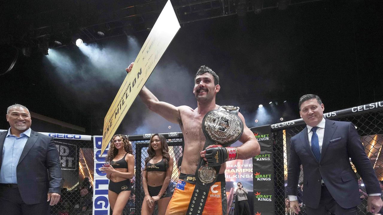 Tasmanian fighter Rob Wilkinson completed his rise from a battler from Hobart to one of the world’s best after a smashing defeat of Russian Omari Akhmedov to claim the Professional Fighters League Light-Heavyweight Championship and a monster $1.5m pay day in New York City. Picture: supplied