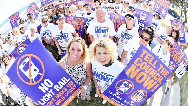 Massive light rail protest were organised upon the announcement of the light rail proposal. Pictured, Michelle Young and Rachael Bermingham (centre). Photo: Patrick Woods.