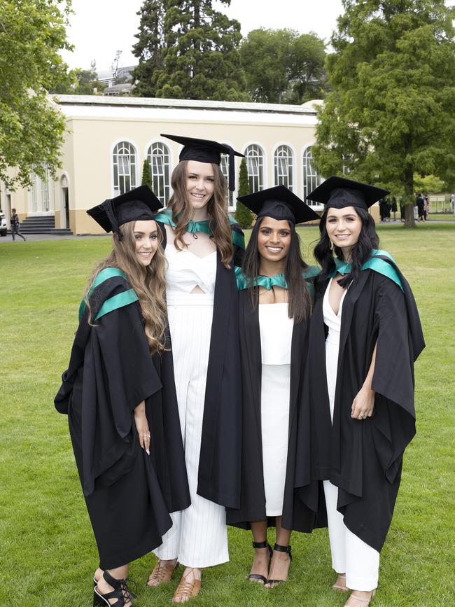 Danikka Hutchinson, Courtney stanley, Priya Reeves and Lisa Wells at the UTAS Graduation at Launceston. PICTURE CHRIS KIDD