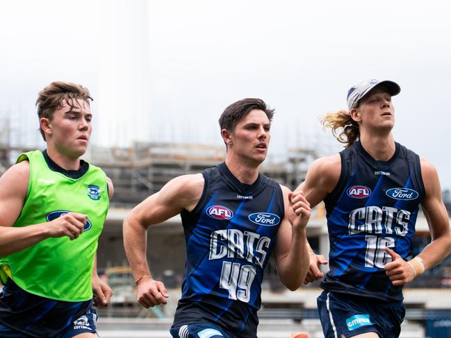 Tanner Bruhn, Ollie Henry and Sam De Koning at Geelong training. Picture: Cats Media