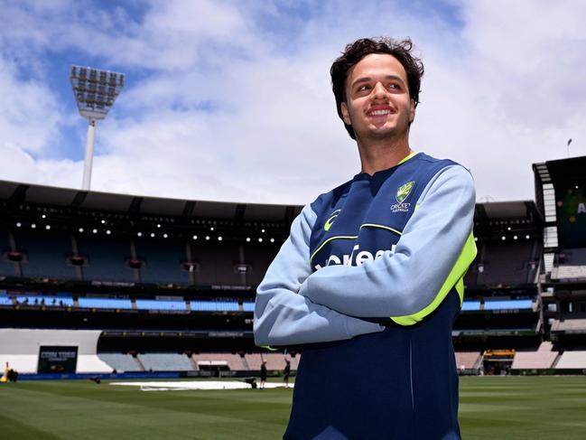 TOPSHOT - Australian cricketer Sam Konstas poses for the media at the Melbourne Cricket Ground (MCG) in Melbourne on December 23, 2024, ahead of the fourth cricket Test match between Australia and India starting December 26. (Photo by William WEST / AFP) / -- IMAGE RESTRICTED TO EDITORIAL USE - STRICTLY NO COMMERCIAL USE --