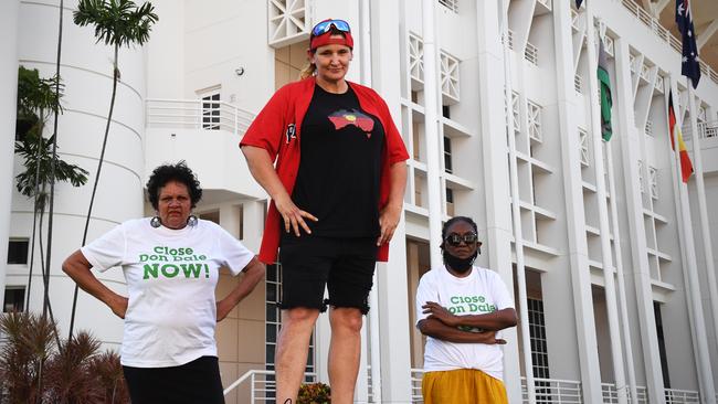 LR: Donna Hunter, Rocket Bretherton and Tanya Williams outside parliament where they will hold a Close Don Dale protest. Picture: (A) manda Parkinson