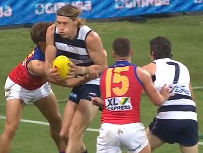 Mark Blicavs is tackled in the dying moments.