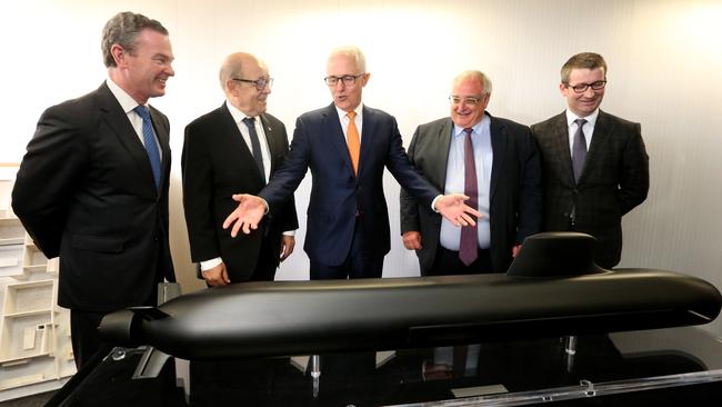 Pictured in 2016 are (left to right) then Minister for Defence Industry Christopher Pyne, former French Defence Minister Jean-Yves Le Drian, former Australian Prime Minister Malcolm Turnbull, Naval Group chairman and CEO Herve Guillou, and then DCNS Australia CEO Sean Costello. Picture: Kelly Barnes