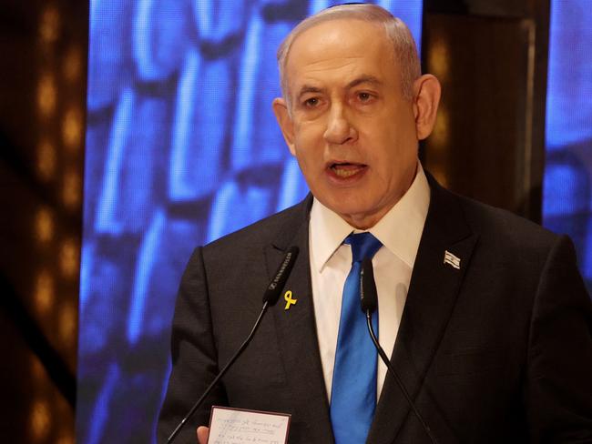 Israeli Prime Minister Benjamin Netanyahu addresses a ceremony marking Memorial Day for fallen soldiers of Israel’s wars. Picture: AFP