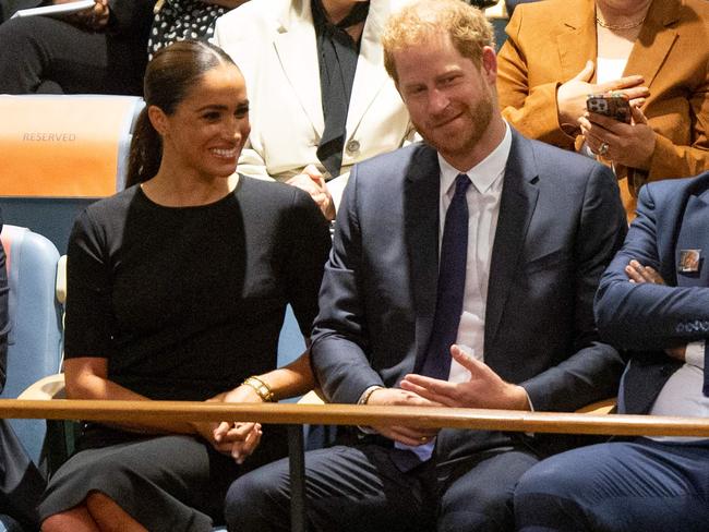 Prince Harry (R) and Meghan Markle (L), the Duke and Duchess of Sussex, attend the 2020 UN Nelson Mandela Prize award ceremony at the United Nations in New York. Picture: AFP