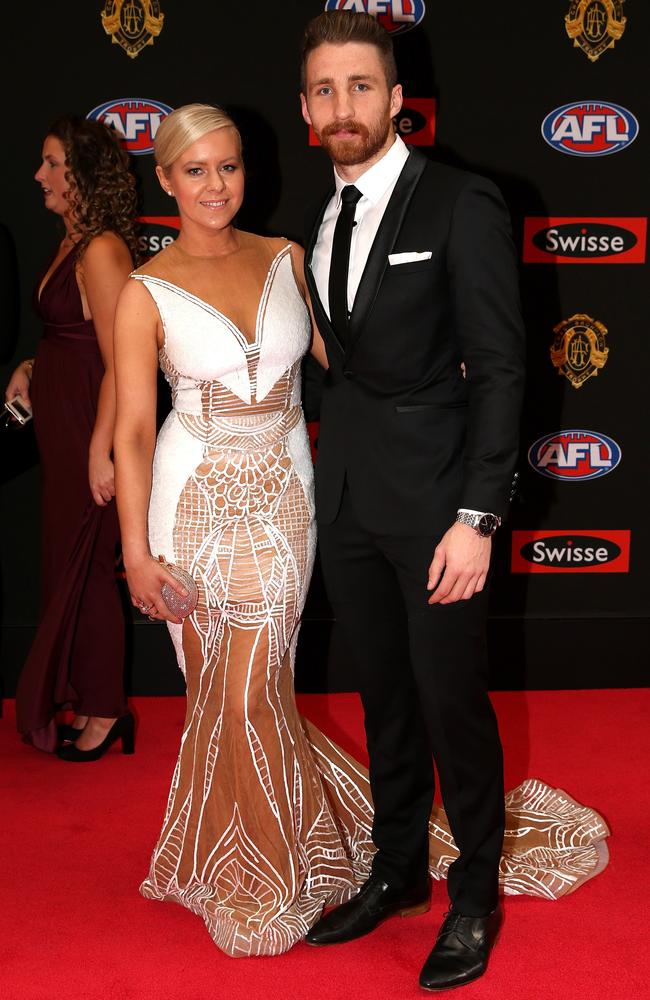 Zach Touhy of Carlton and partner Rebecca Price arrive on the red carpet for the 2015 AFL Brownlow Medal presentation held at Crown Casino on Monday, September 28, 2015, in Melbourne, Victoria, Australia. Picture: Tim Carrafa