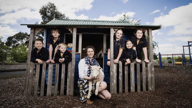 Merino Consolidated School students Thomas Henty-Anderson, Judd Fidler, Rylan Henty-Anderson, principal Genevieve Hulin, Charli Williams, Stephanie Rafferty and Ryan Rafferty. Picture: Nicole Cleary