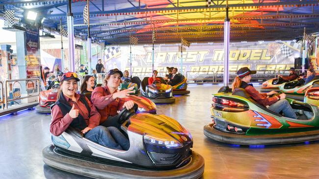 Loxton High School year 10 students Hunter Walmesley-Cotham and Javen Gum testing the dodgem cars ride at the Royal Show. Picture: Brenton Edwards