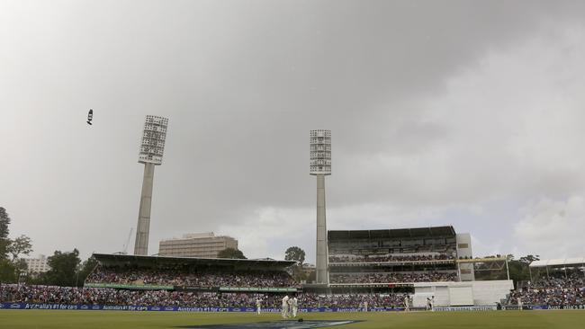 Storm clouds gather over the WACA ground shortly before rain stopped play on day four.
