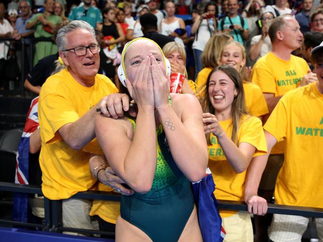 Abby Andrews celebrates with her family after the Stingers created history. Picture: Adam Pretty/Getty Images