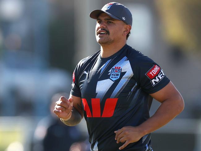 SYDNEY, AUSTRALIA - MAY 23: Latrell Mitchell runs during a New South Wales Blues State of Origin training session at Coogee Oval on May 23, 2023 in Sydney, Australia. (Photo by Mark Kolbe/Getty Images)