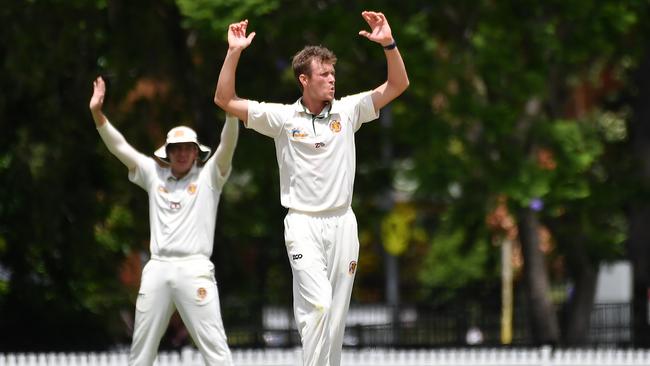 Redlands bowler John Stimpson Cricket action between UQ v Redlands Saturday December 17, 2022. Picture: John Gass