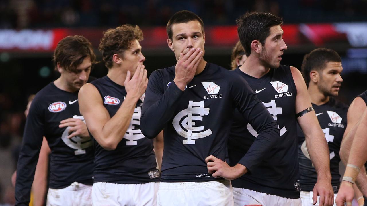 Jack Silvagni looks dejected after Sunday’s loss to Essendon at the MCG.
