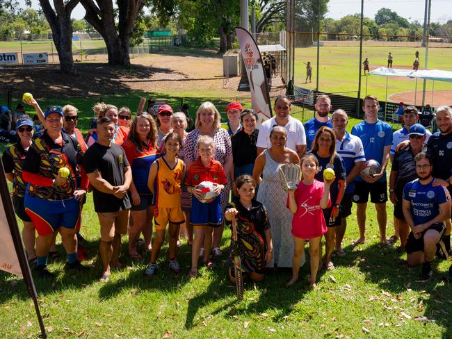 Chief Minister Eva Lawler and Sport Minister Kate Worden with members of the Tracy Village Sporting clubs. Picture: Supplied