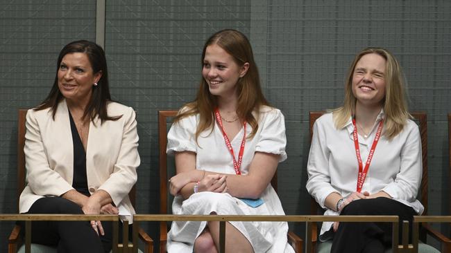 Jenny Morrison and daughters Abigail and Lily during Scott Morrison's valedictory speech to parliament in the House of Representatives at Parliament House in Canberra. Picture: NCA NewsWire / Martin Ollman