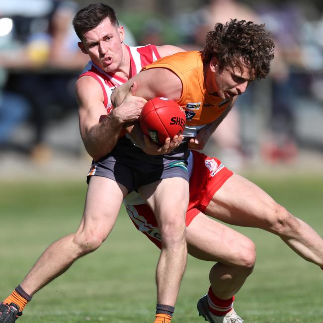 Ararat’s Ben Taylor lays a strong tackle.